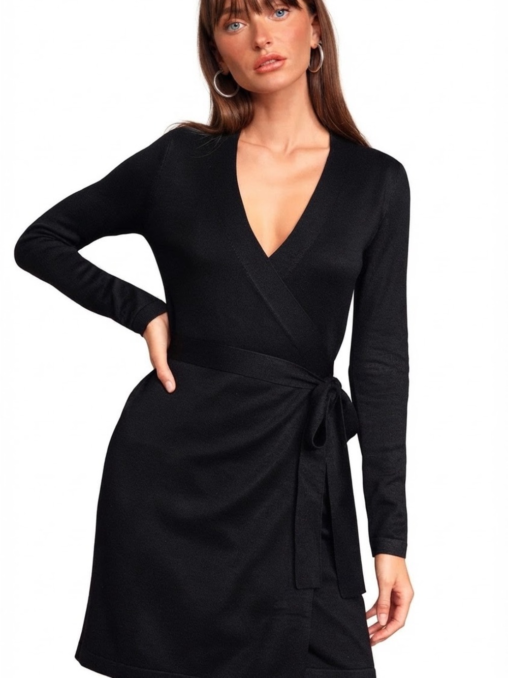 NWT Lulus Wrap Dress Black V-Neck Long Sleeve Self-Tie Waist Knit Minimalist